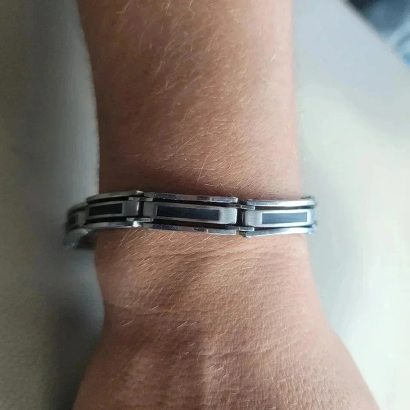 RSC Mens Stainless Steel Black Insert Golf Bracelet Bangle Wristband Chain 8.5" - Picture 2 of 9